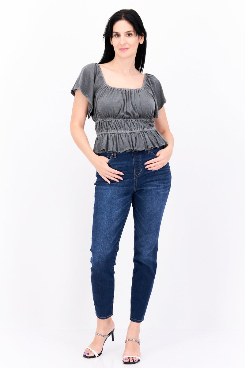 LUCKY BRAND Women Square Neck Short Sleeves Plain Top, Dark Grey - Image 4